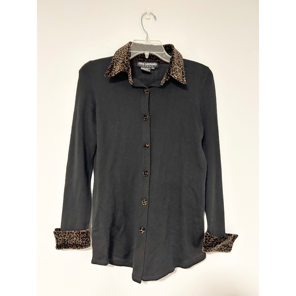 Y2K Nina Leonard Black Knit Button Up Cardigan Leopard Print Collar Cuffs XS